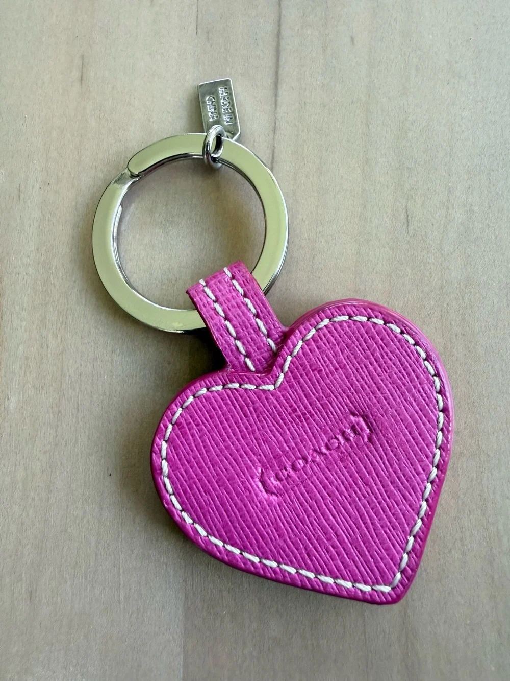 COACH Pink Crossgrain Leather Heart Bag Charm Keychain Silver - Picture 2 of 3